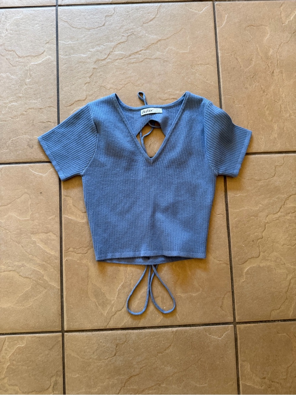 Blue Ribbed Crop Top with Tie-Back